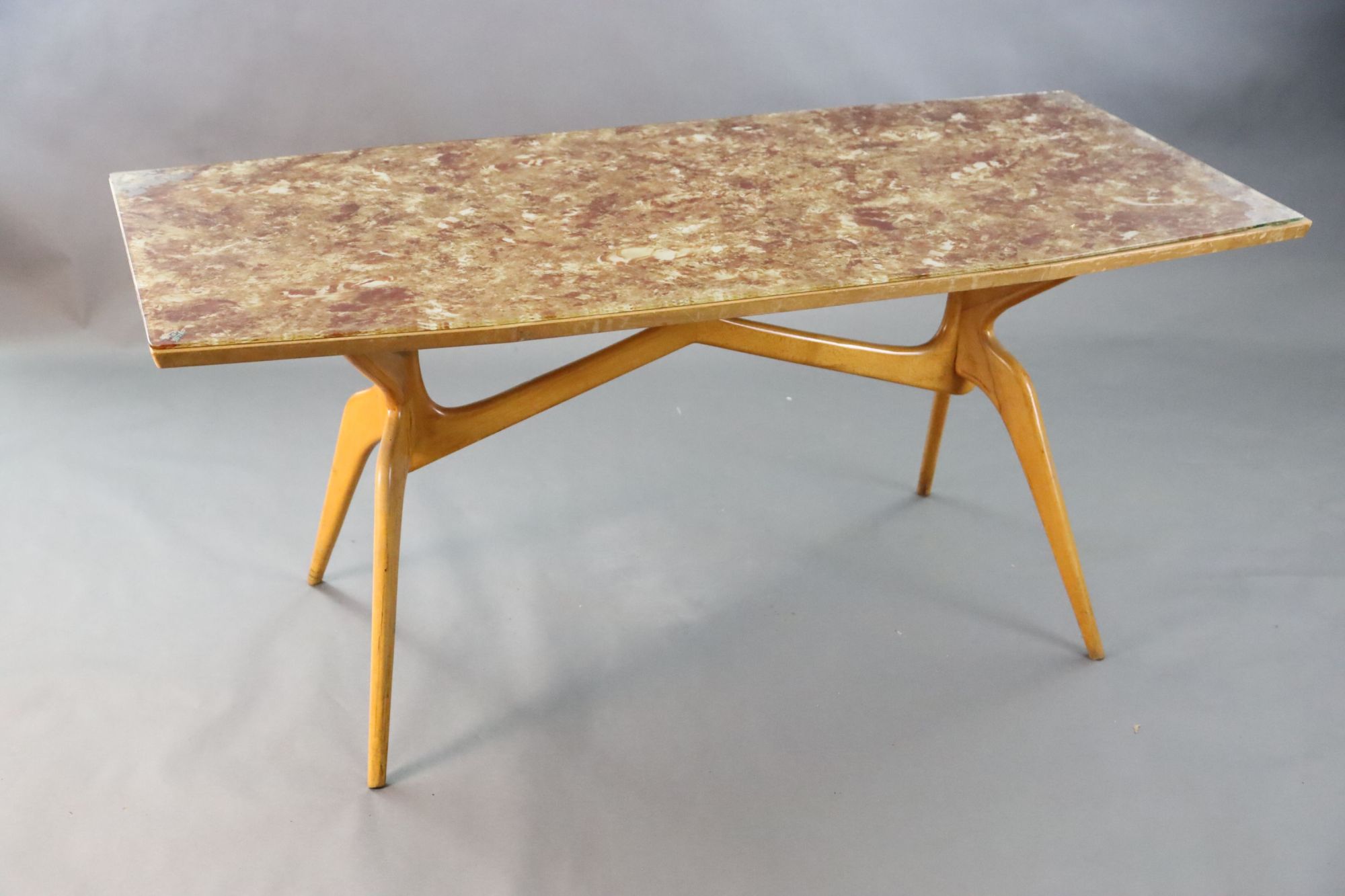 A Carlo Graffi and Franco Compo glass topped beech dining table, W.2ft 7.5in. L.5ft 7.5in. H.2ft 7in.